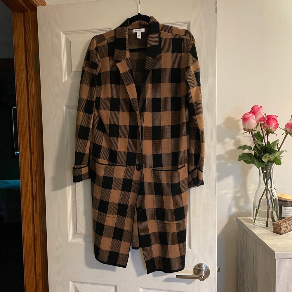 Nine West Black & Tan Plaid Sweater Jacket